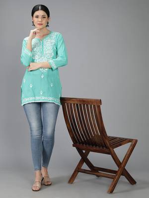 Hand Embroidered Lucknowi Chikankari Sea Green Cotton Short Top 5