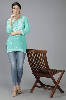 Hand Embroidered Lucknowi Chikankari Sea Green Cotton Short Top