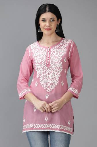 Hand Embroidered Lucknowi Chikankari Onion Pink Cotton Short Top