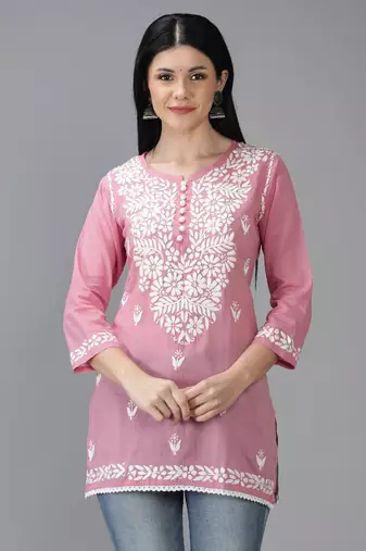 Seva Chikan Hand Embroidered Lucknowi Chikankari Onion Pink Cotton Short Top