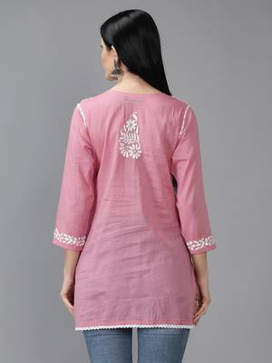 Hand Embroidered Lucknowi Chikankari Onion Pink Cotton Short Top 2