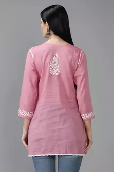 Hand Embroidered Lucknowi Chikankari Onion Pink Cotton Short Top