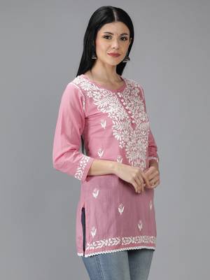 Hand Embroidered Lucknowi Chikankari Onion Pink Cotton Short Top 3