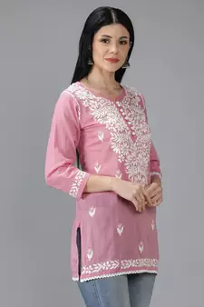 Hand Embroidered Lucknowi Chikankari Onion Pink Cotton Short Top