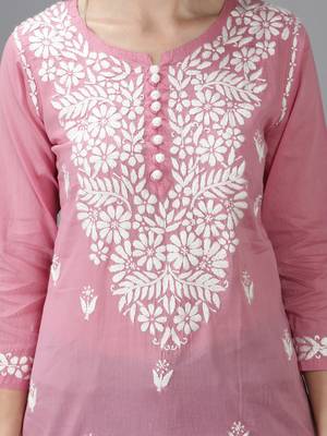 Hand Embroidered Lucknowi Chikankari Onion Pink Cotton Short Top 4