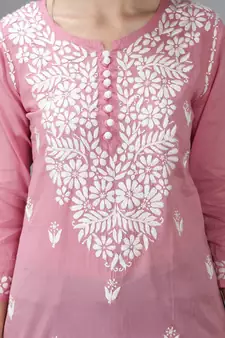 Hand Embroidered Lucknowi Chikankari Onion Pink Cotton Short Top