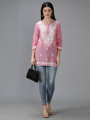 Hand Embroidered Lucknowi Chikankari Onion Pink Cotton Short Top 5