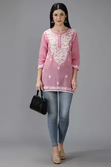 Hand Embroidered Lucknowi Chikankari Onion Pink Cotton Short Top