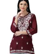 Wine embroidered cotton short-kurtis