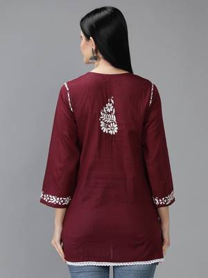 Wine embroidered cotton short-kurtis 2