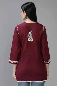 Wine embroidered cotton short-kurtis