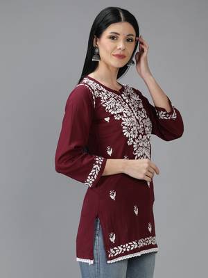 Wine embroidered cotton short-kurtis 3