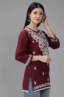 Wine embroidered cotton short-kurtis