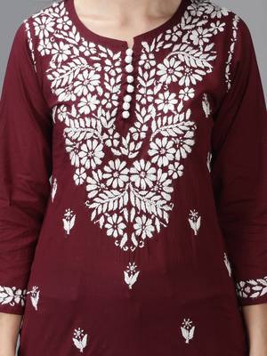 Wine embroidered cotton short-kurtis 4