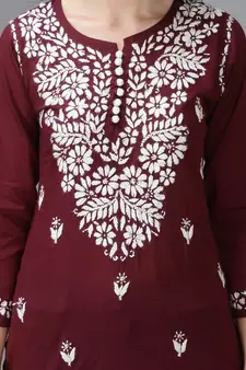 Wine embroidered cotton short-kurtis