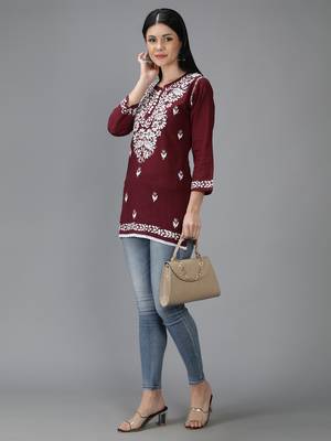 Wine embroidered cotton short-kurtis 5