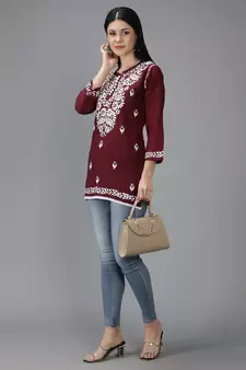 Wine embroidered cotton short-kurtis