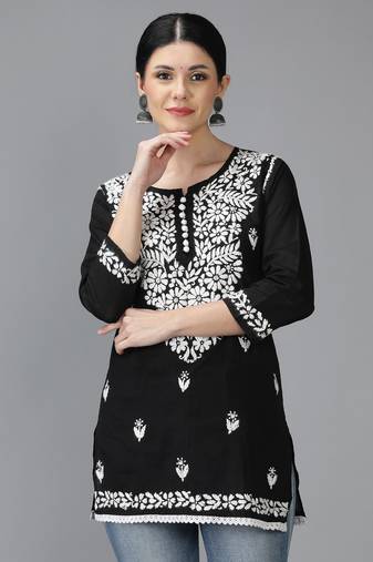 Seva Chikan Hand Embroidered Lucknowi Chikankari Black Cotton Short Top