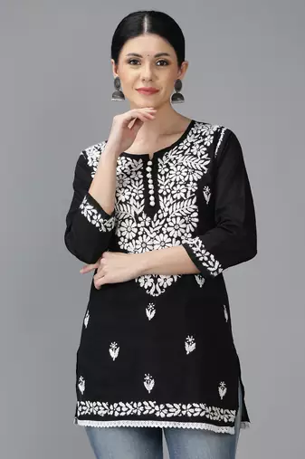 Seva Chikan Hand Embroidered Lucknowi Chikankari Black Cotton Short Top