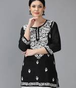 Seva Chikan Hand Embroidered Lucknowi Chikankari Black Cotton Short Top