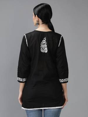 Seva Chikan Hand Embroidered Lucknowi Chikankari Black Cotton Short Top 2