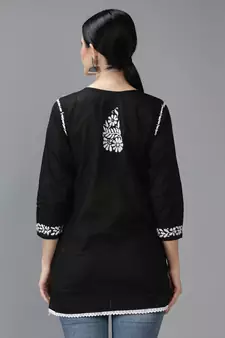 Seva Chikan Hand Embroidered Lucknowi Chikankari Black Cotton Short Top