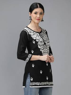 Seva Chikan Hand Embroidered Lucknowi Chikankari Black Cotton Short Top 3