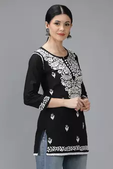 Seva Chikan Hand Embroidered Lucknowi Chikankari Black Cotton Short Top