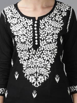 Seva Chikan Hand Embroidered Lucknowi Chikankari Black Cotton Short Top 4