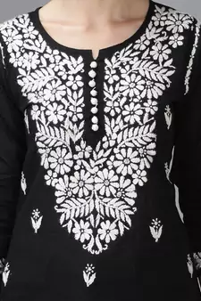 Seva Chikan Hand Embroidered Lucknowi Chikankari Black Cotton Short Top