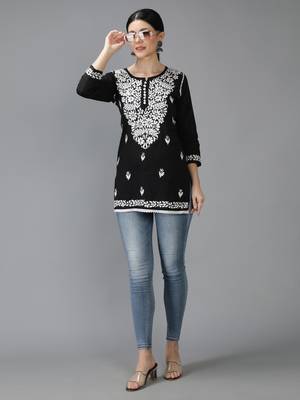 Seva Chikan Hand Embroidered Lucknowi Chikankari Black Cotton Short Top 5