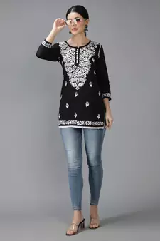 Seva Chikan Hand Embroidered Lucknowi Chikankari Black Cotton Short Top