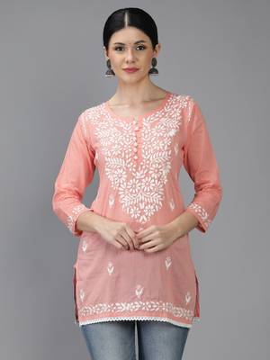 Hand Embroidered Lucknowi Chikankari Peach Cotton Short Top  1