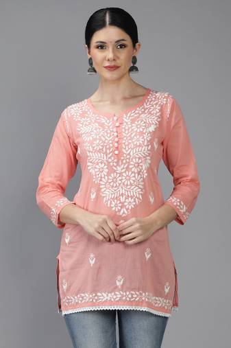 Hand Embroidered Lucknowi Chikankari Peach Cotton Short Top 