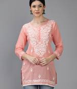 Hand Embroidered Lucknowi Chikankari Peach Cotton Short Top