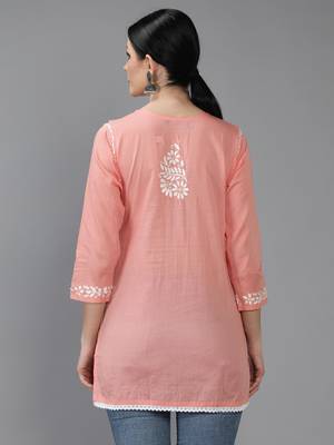 Hand Embroidered Lucknowi Chikankari Peach Cotton Short Top  2