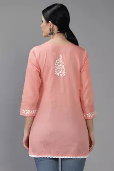 Hand Embroidered Lucknowi Chikankari Peach Cotton Short Top 