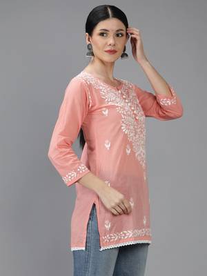 Hand Embroidered Lucknowi Chikankari Peach Cotton Short Top  3