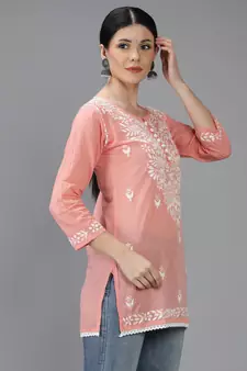 Hand Embroidered Lucknowi Chikankari Peach Cotton Short Top 