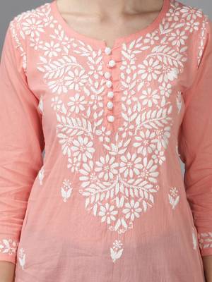 Hand Embroidered Lucknowi Chikankari Peach Cotton Short Top  4