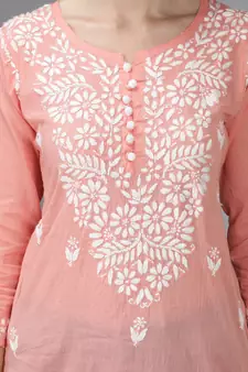 Hand Embroidered Lucknowi Chikankari Peach Cotton Short Top 