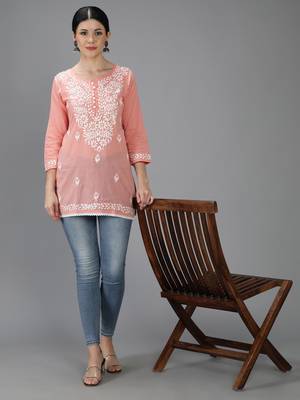 Hand Embroidered Lucknowi Chikankari Peach Cotton Short Top  5
