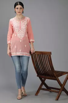 Hand Embroidered Lucknowi Chikankari Peach Cotton Short Top 