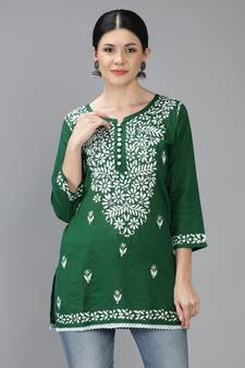Green embroidered cotton short-kurtis