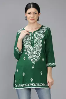 Green embroidered cotton short-kurtis