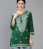 Green embroidered cotton short-kurtis