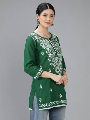 Green embroidered cotton short-kurtis 3