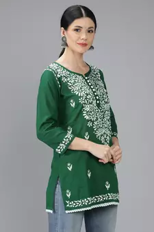 Green embroidered cotton short-kurtis