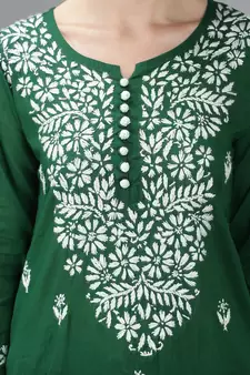 Green embroidered cotton short-kurtis