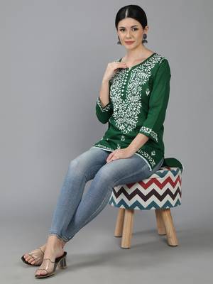 Green embroidered cotton short-kurtis 5